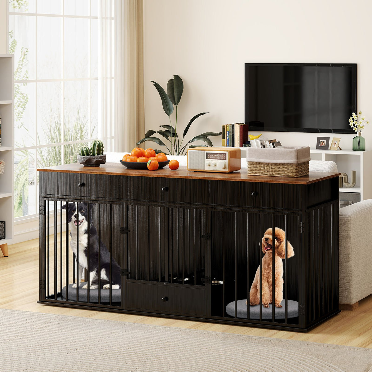Dog Crate Furniture Indoor Modern Dog Kennel with Divider 3 Drawers and Pull-out Feeder-Black view 3