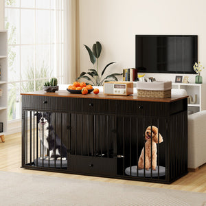 Dog Crate Furniture Indoor Modern Dog Kennel with Divider 3 Drawers and Pull-out Feeder-Black view 3