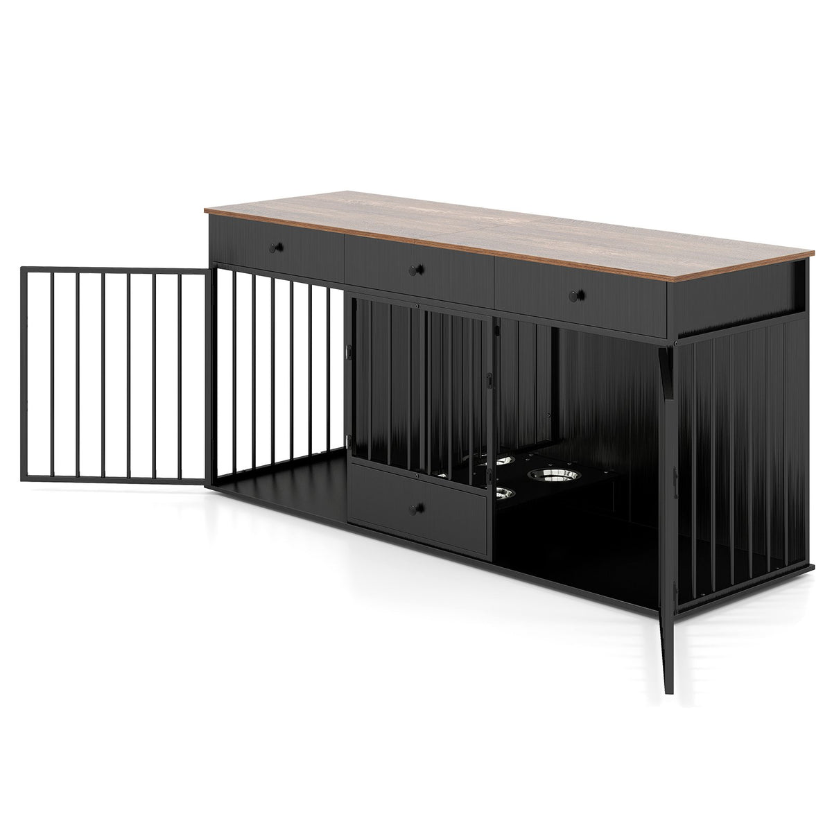 Dog Crate Furniture Indoor Modern Dog Kennel with Divider 3 Drawers and Pull-out Feeder-Black view 4