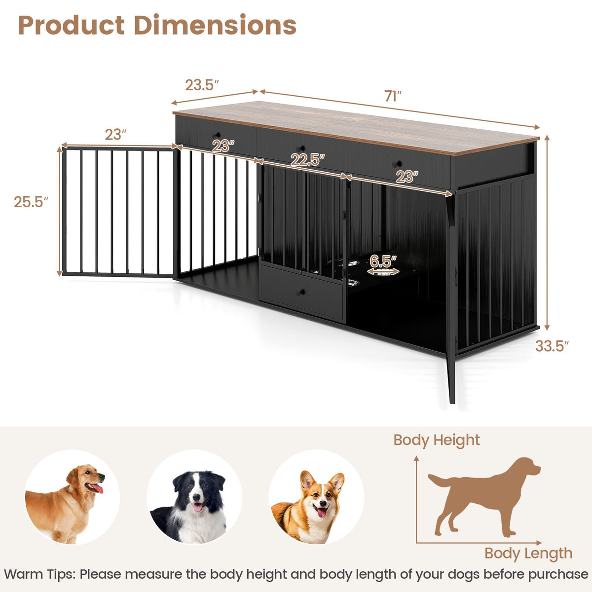 Dog Crate Furniture Indoor Modern Dog Kennel with Divider 3 Drawers and Pull-out Feeder-Black view 5