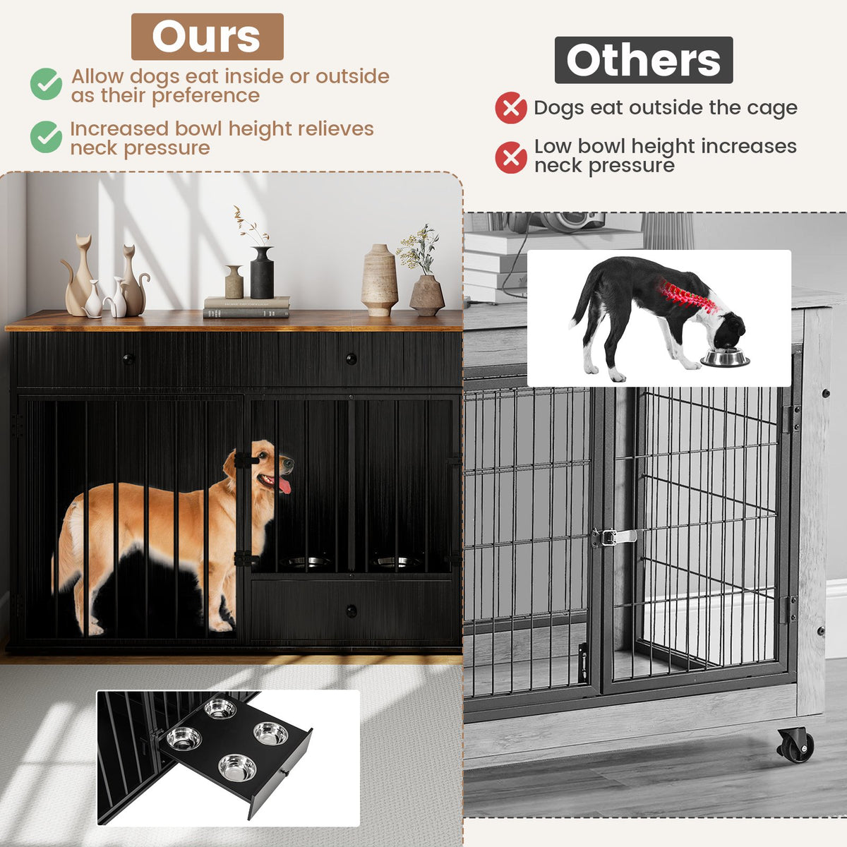 Dog Crate Furniture Indoor Modern Dog Kennel with Divider 3 Drawers and Pull-out Feeder-Black view 6