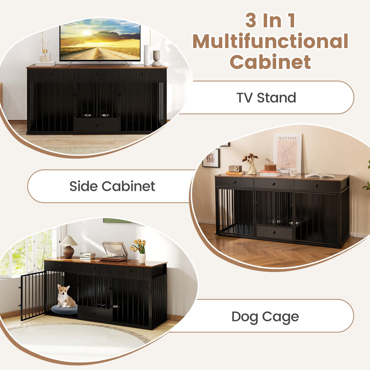 Dog Crate Furniture Indoor Modern Dog Kennel with Divider 3 Drawers and Pull-out Feeder-Black view 8