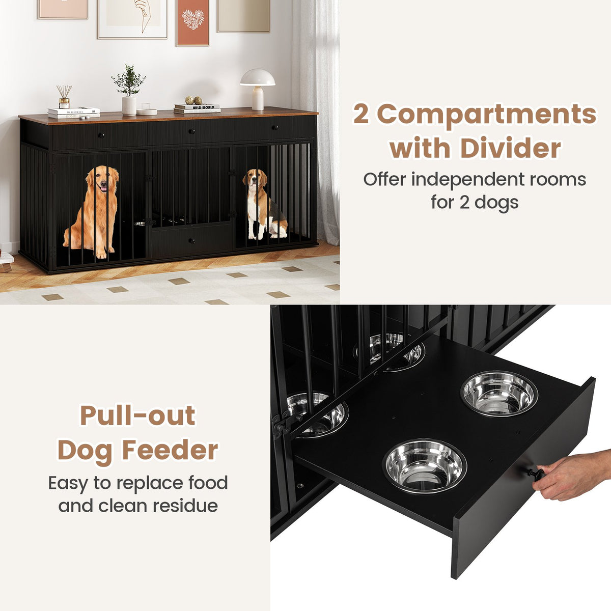 Dog Crate Furniture Indoor Modern Dog Kennel with Divider 3 Drawers and Pull-out Feeder-Black view 9