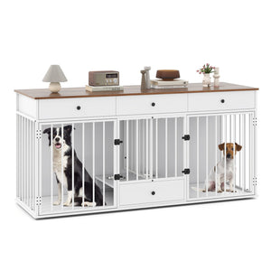 Dog Crate Furniture Indoor Modern Dog Kennel with Divider 3 Drawers and Pull-out Feeder-White