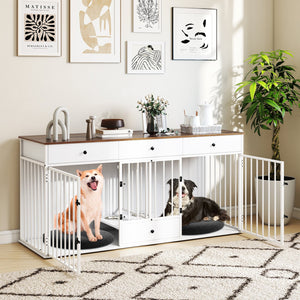 Dog Crate Furniture Indoor Modern Dog Kennel with Divider 3 Drawers and Pull-out Feeder-White view 2
