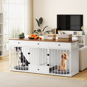 Dog Crate Furniture Indoor Modern Dog Kennel with Divider 3 Drawers and Pull-out Feeder-White view 3