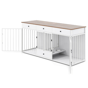 Dog Crate Furniture Indoor Modern Dog Kennel with Divider 3 Drawers and Pull-out Feeder-White view 4