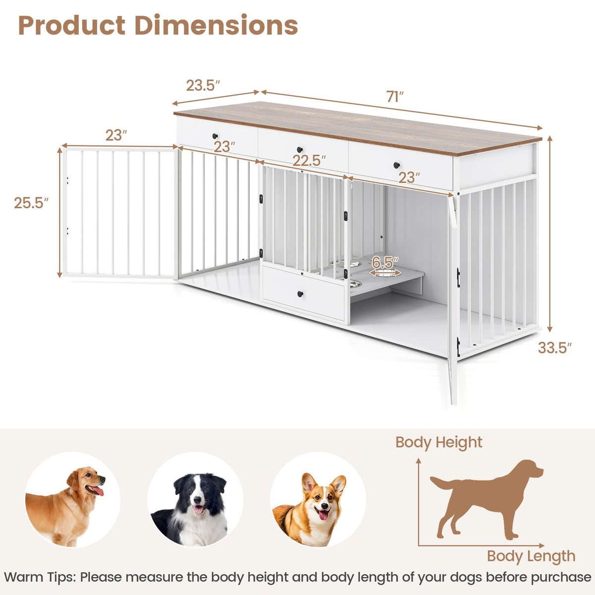 Dog Crate Furniture Indoor Modern Dog Kennel with Divider 3 Drawers and Pull-out Feeder-White view 5