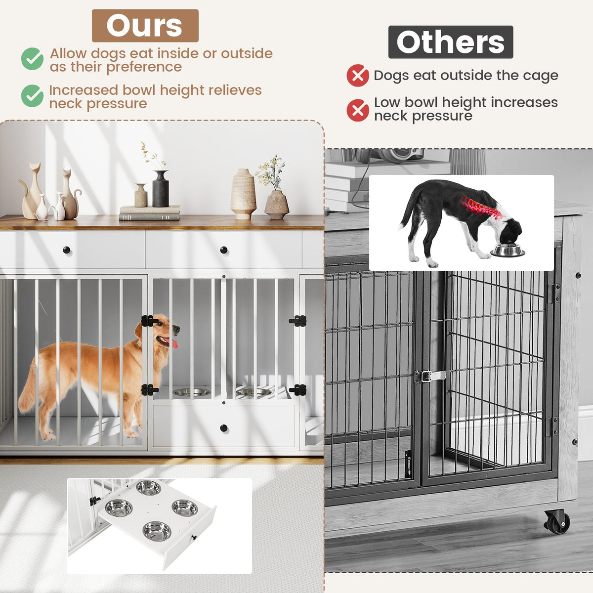 Dog Crate Furniture Indoor Modern Dog Kennel with Divider 3 Drawers and Pull-out Feeder-White view 6