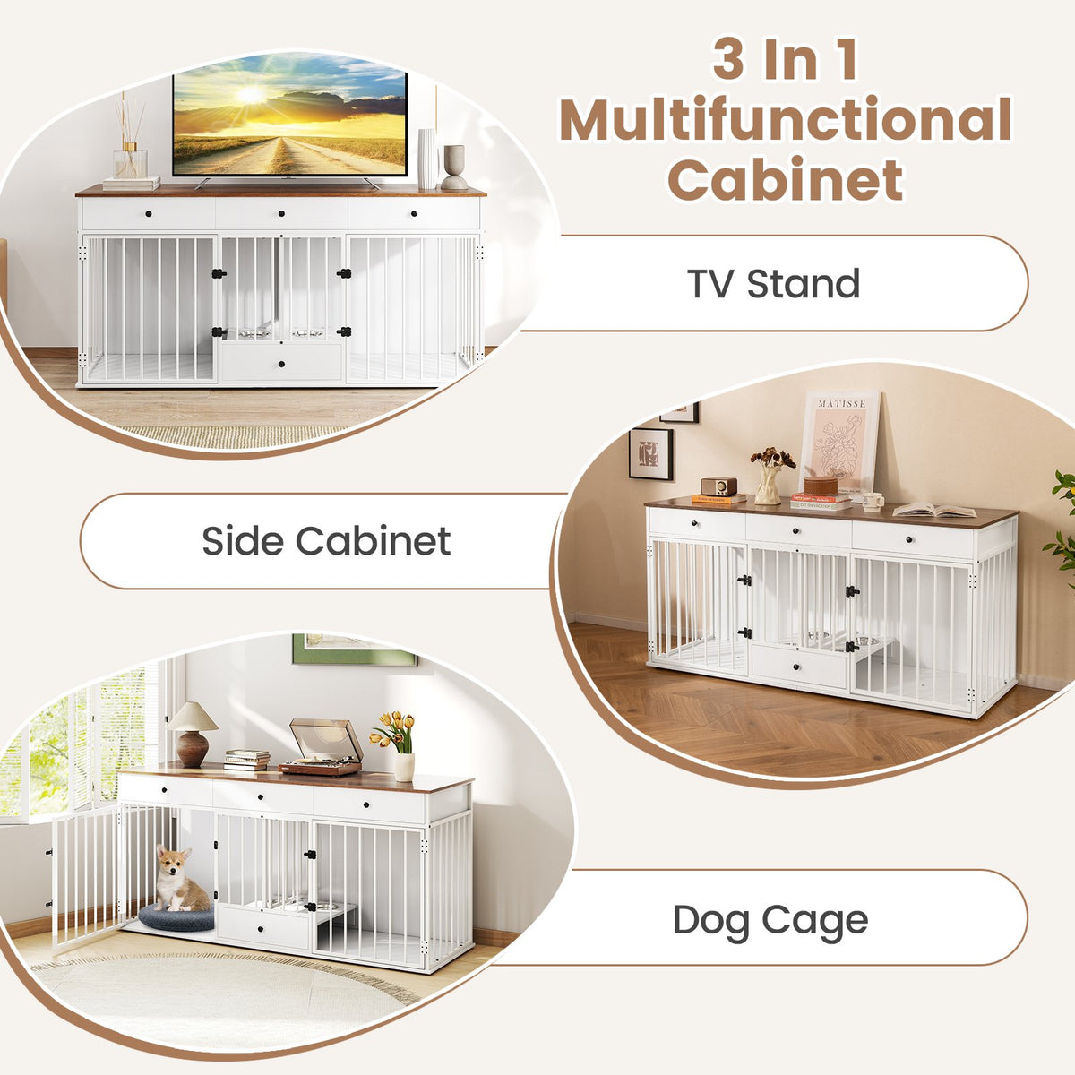 Dog Crate Furniture Indoor Modern Dog Kennel with Divider 3 Drawers and Pull-out Feeder-White view 8