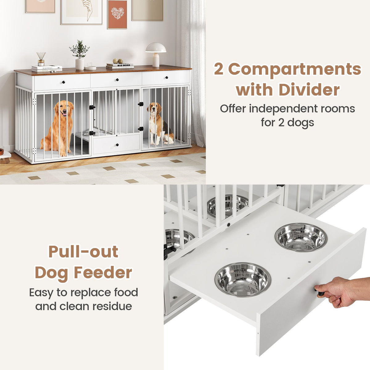 Dog Crate Furniture Indoor Modern Dog Kennel with Divider 3 Drawers and Pull-out Feeder-White view 9