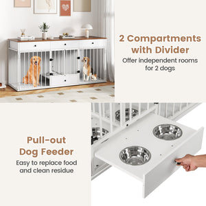 Dog Crate Furniture Indoor Modern Dog Kennel with Divider 3 Drawers and Pull-out Feeder-White view 9