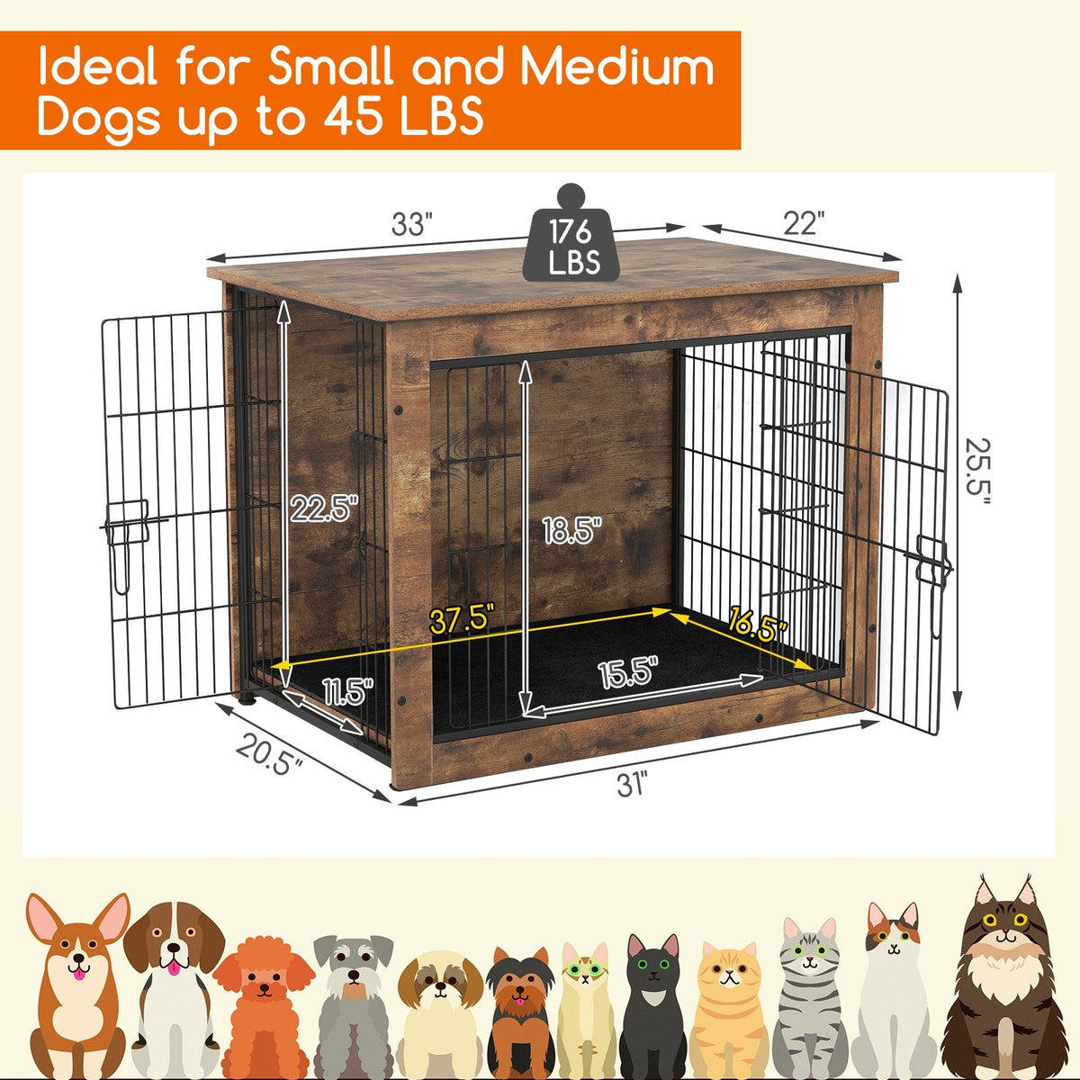 Dog Crate Furniture with Cushion and Double Doors for Small/Medium Dogs-33 Inches view 5