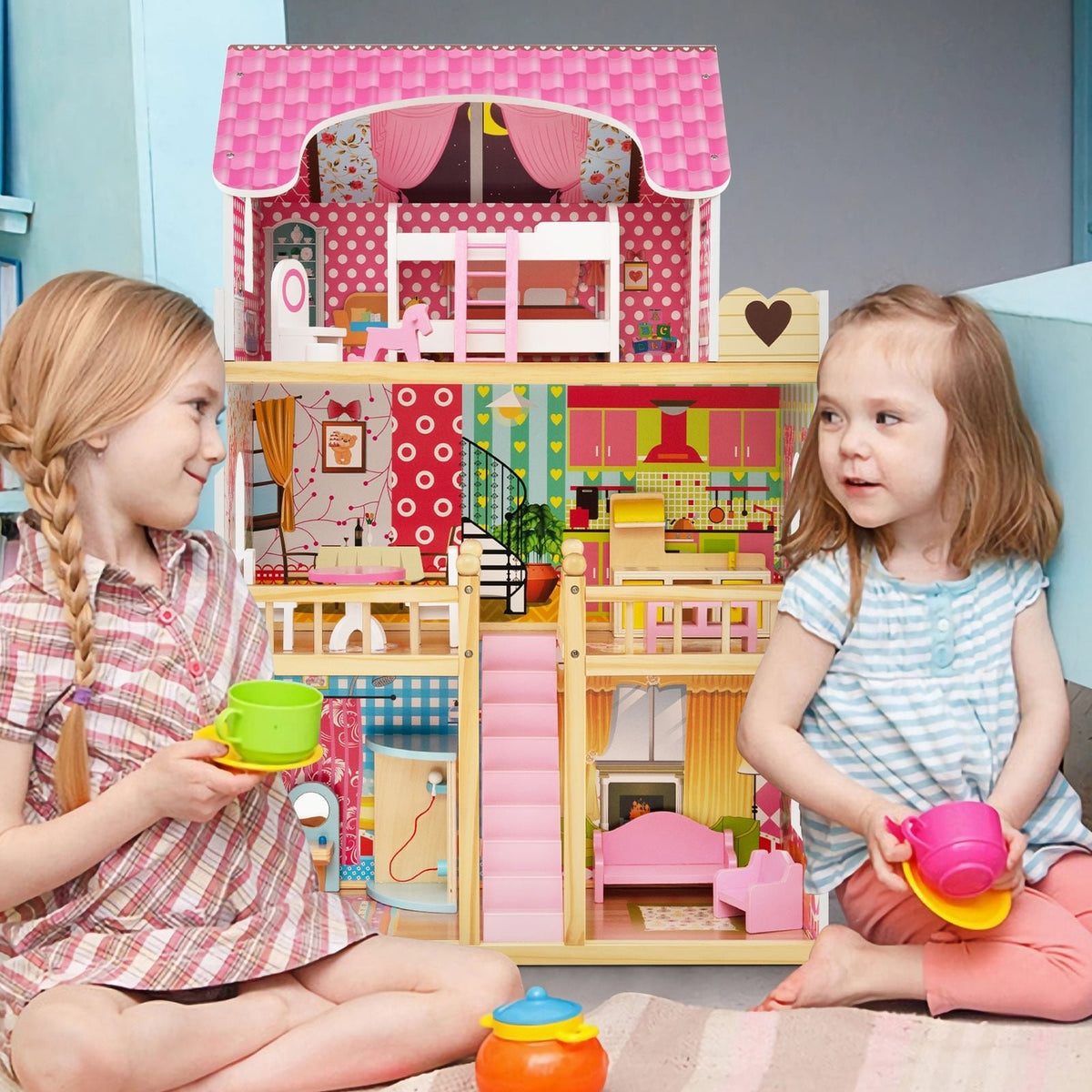 Doll House Playset with 3 Stories and 6 Simulated Rooms and 15 Pieces of Furniture-Pink view 2