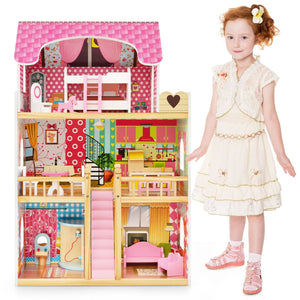 Doll House Playset with 3 Stories and 6 Simulated Rooms and 15 Pieces of Furniture-Pink view 4