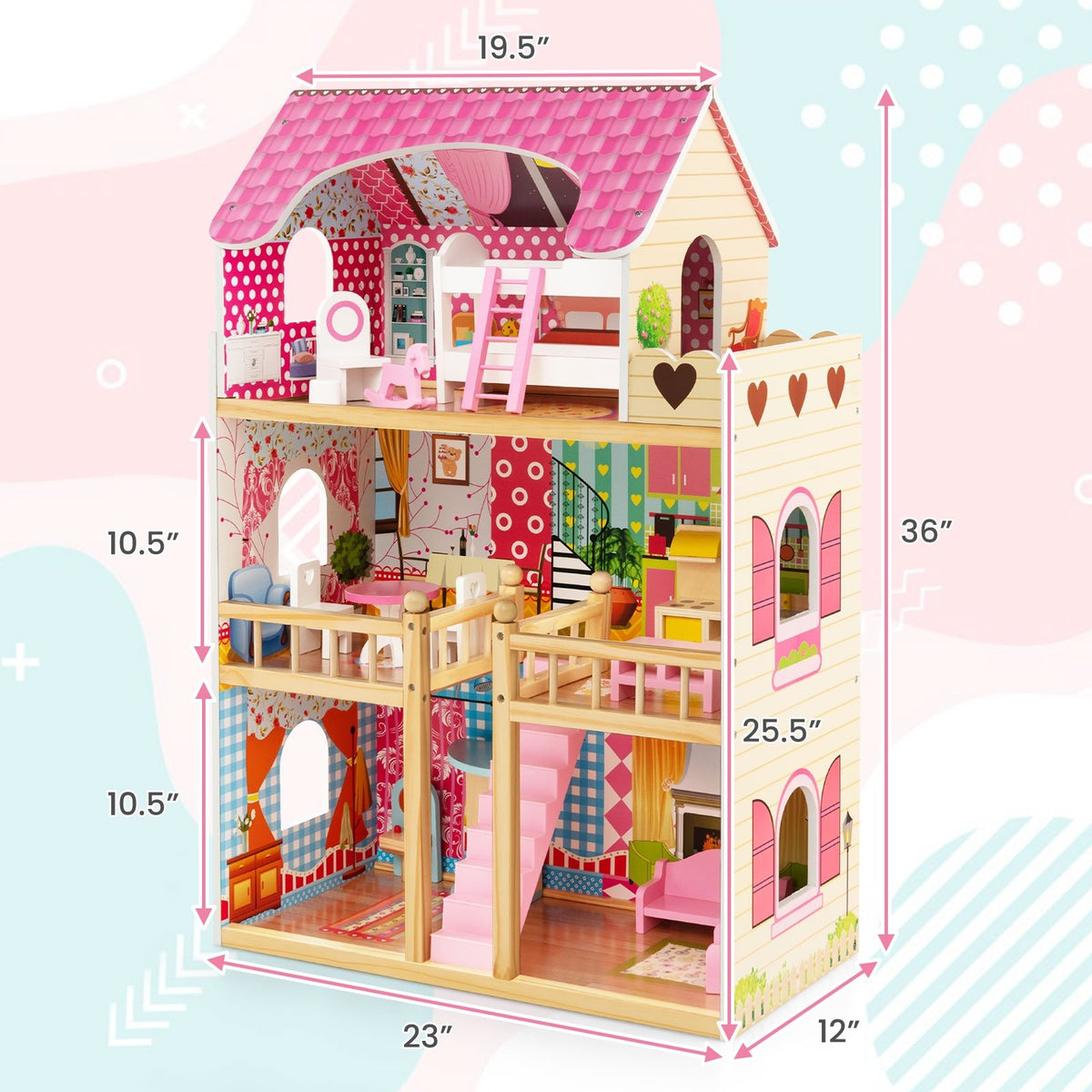 Doll House Playset with 3 Stories and 6 Simulated Rooms and 15 Pieces of Furniture-Pink view 5