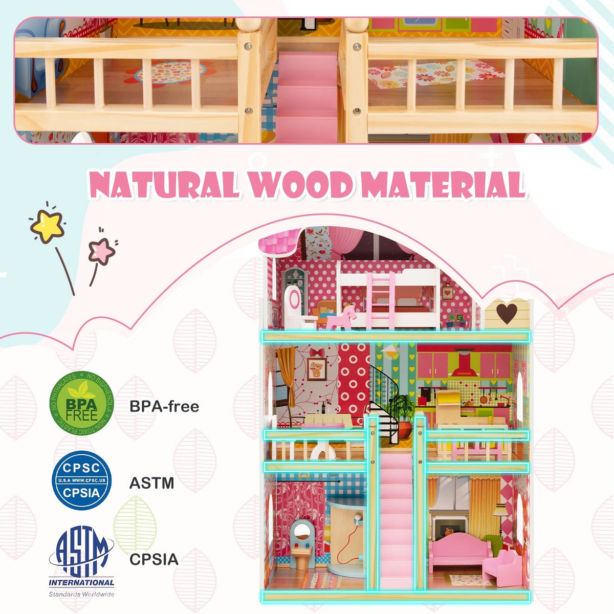 Doll House Playset with 3 Stories and 6 Simulated Rooms and 15 Pieces of Furniture-Pink view 8