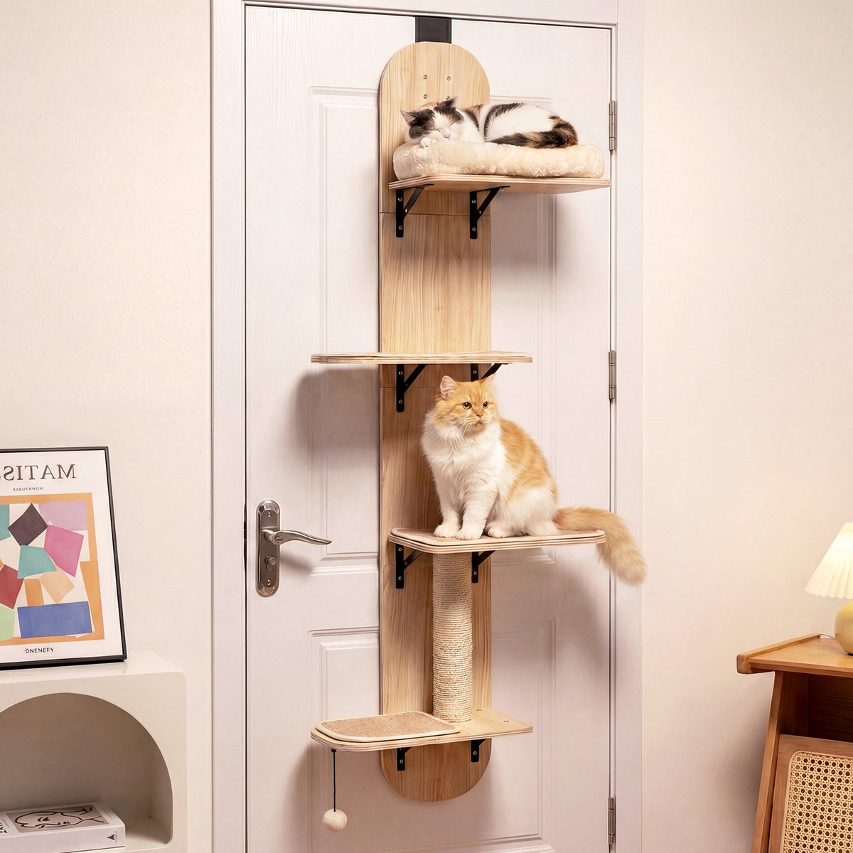 Door Hanging Cat Climber 4-level Height Adjustable with Plush Bed-Beige view 2