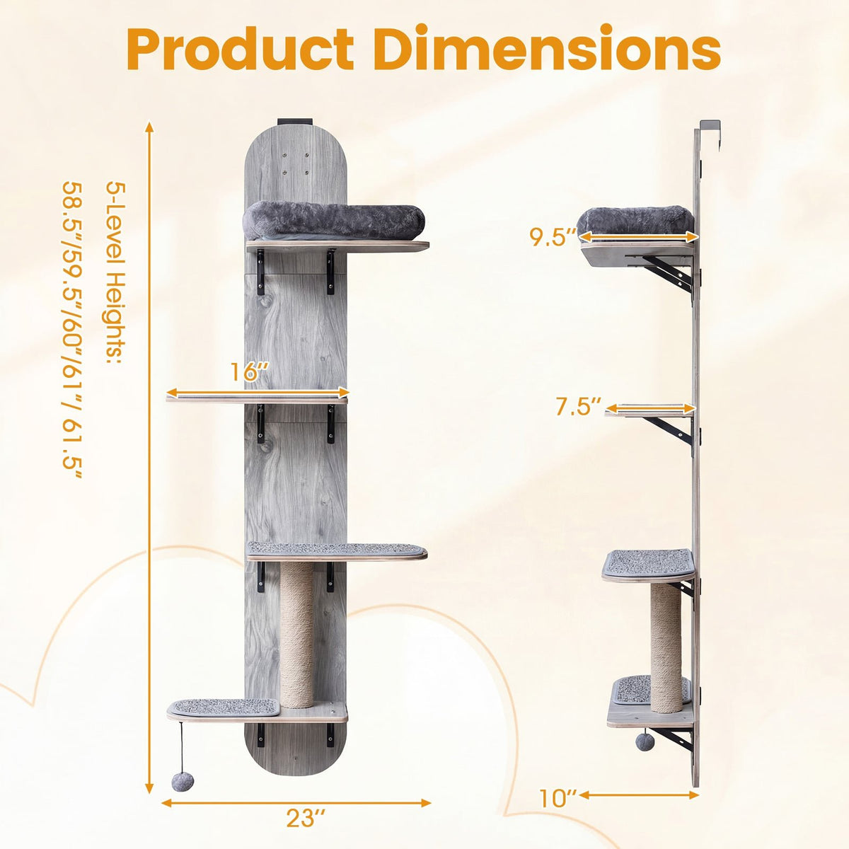 Door Hanging Cat Climber 4-level Height Adjustable with Plush Bed-Gray view 4