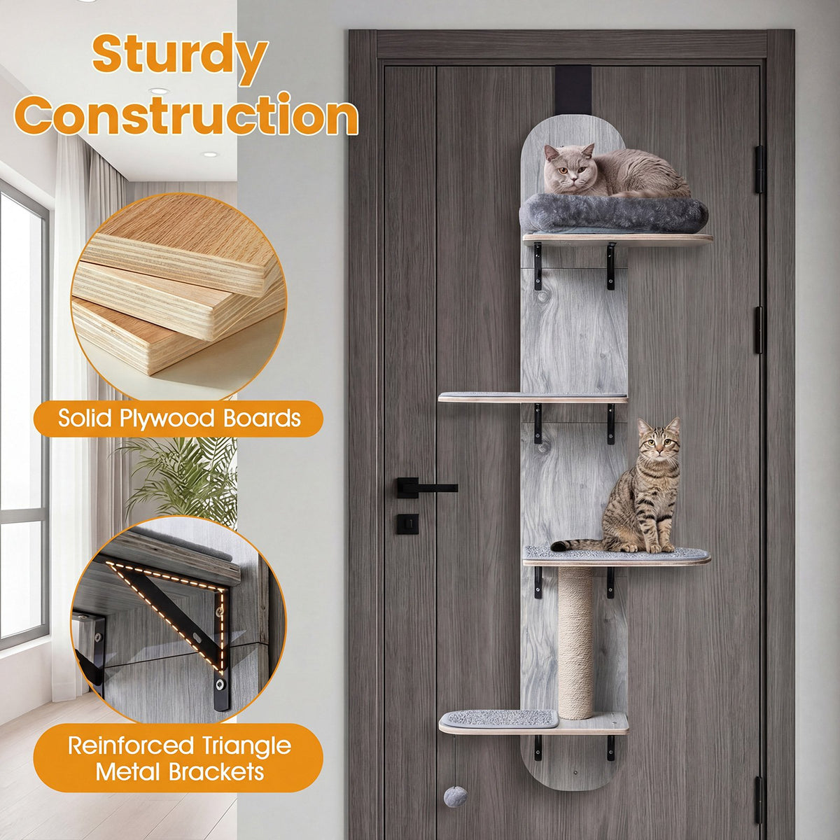 Door Hanging Cat Climber 4-level Height Adjustable with Plush Bed-Gray view 6