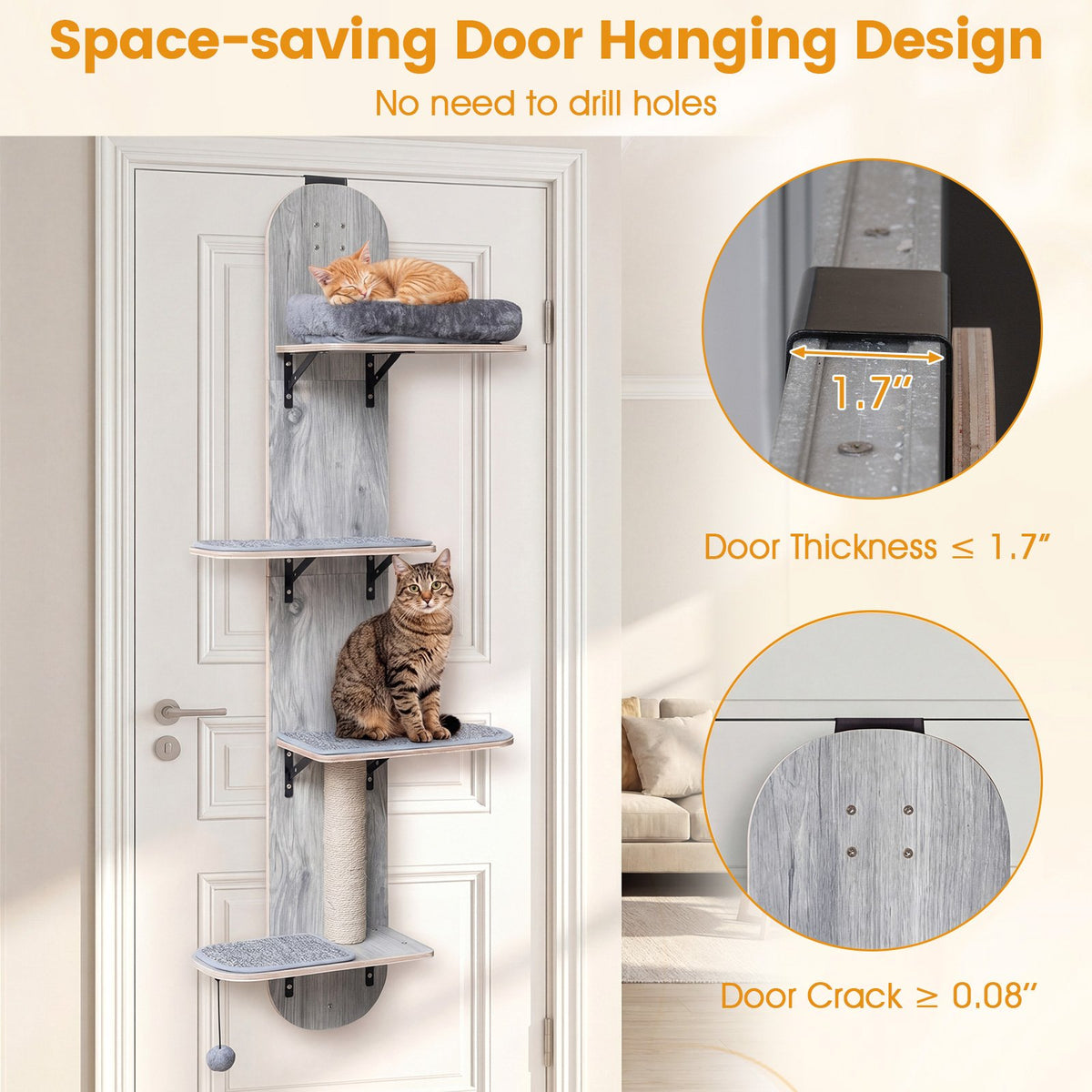 Door Hanging Cat Climber 4-level Height Adjustable with Plush Bed-Gray view 7