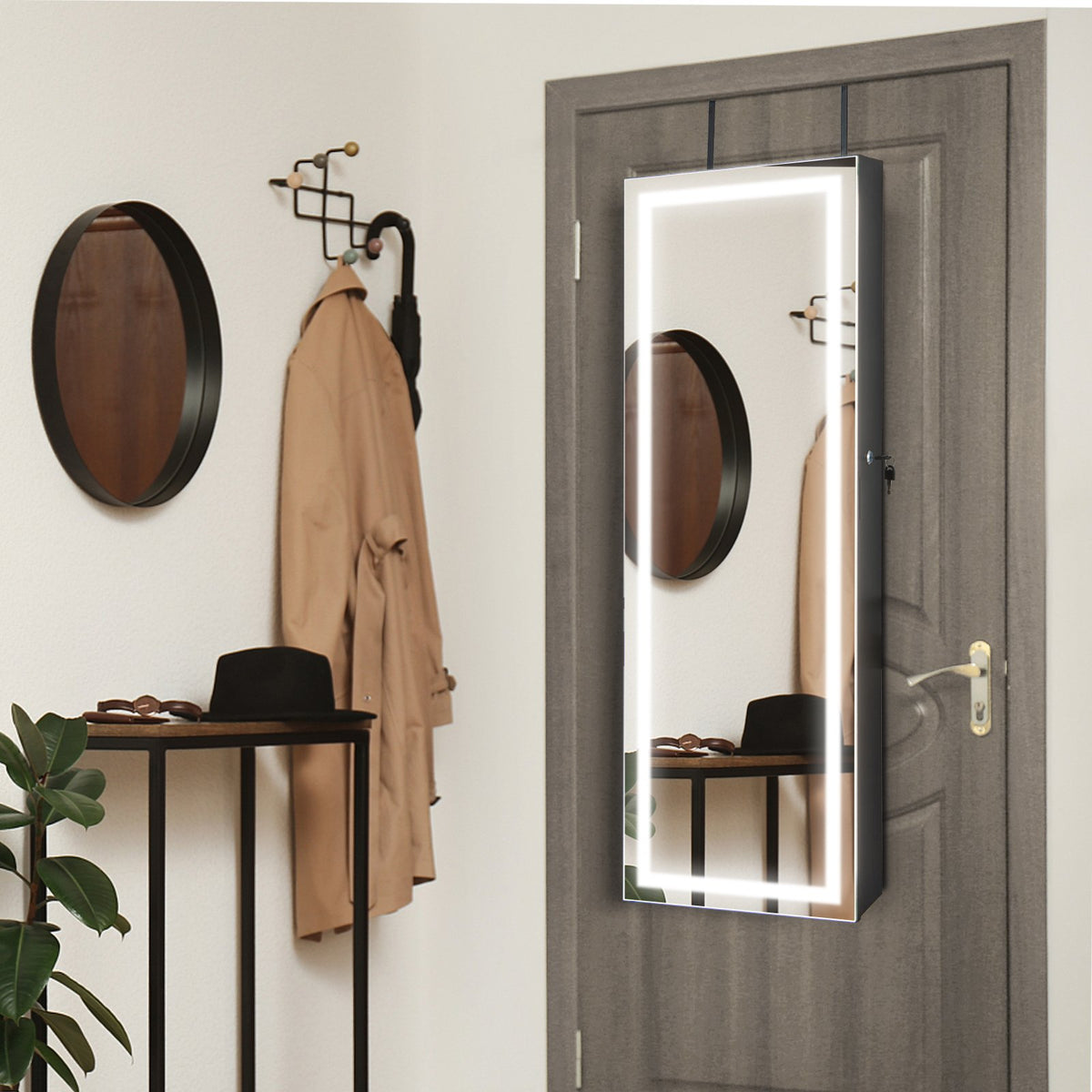 Door Wall Mount Touch Screen Mirrored Jewelry Cabinet-Black view 2