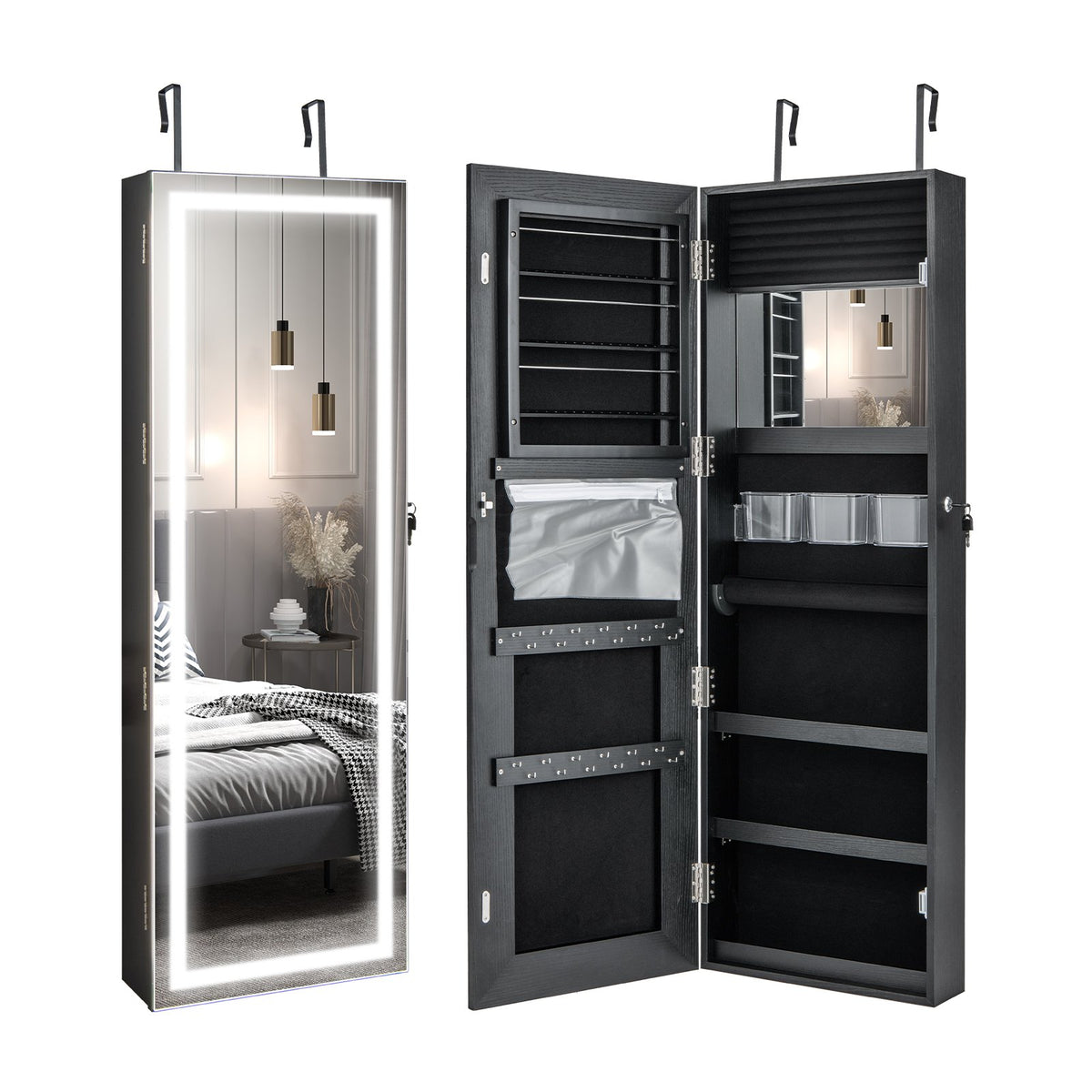 Door Wall Mount Touch Screen Mirrored Jewelry Cabinet-Black view 4