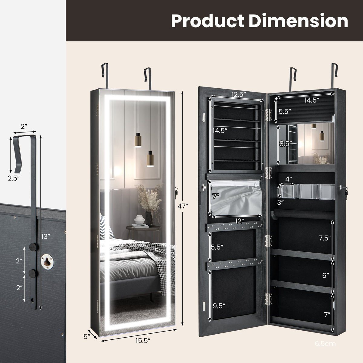 Door Wall Mount Touch Screen Mirrored Jewelry Cabinet-Black view 5