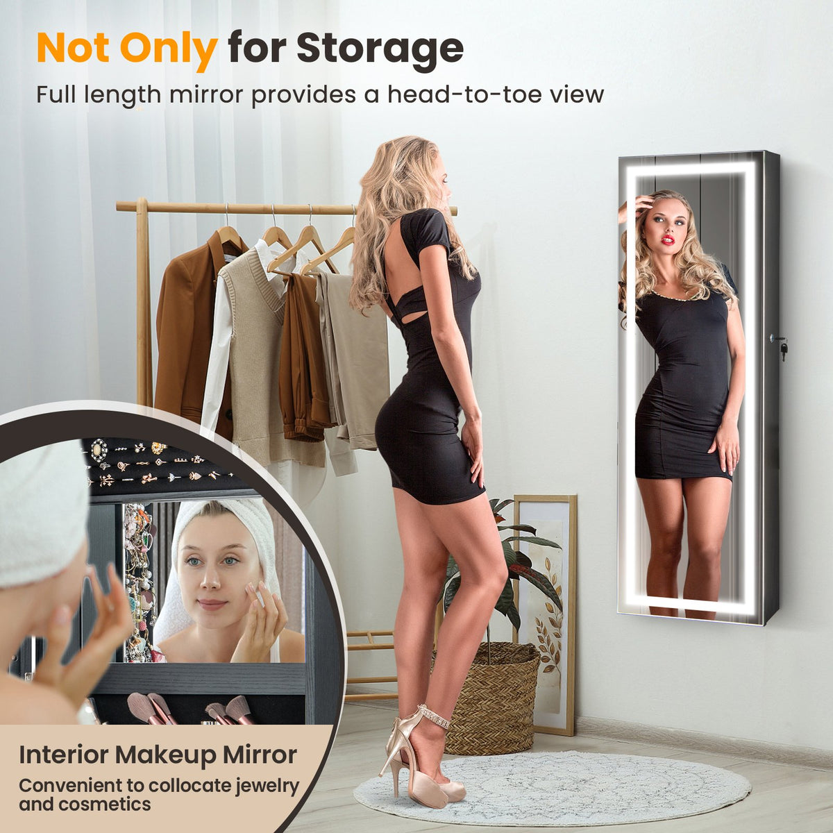 Door Wall Mount Touch Screen Mirrored Jewelry Cabinet-Black view 6