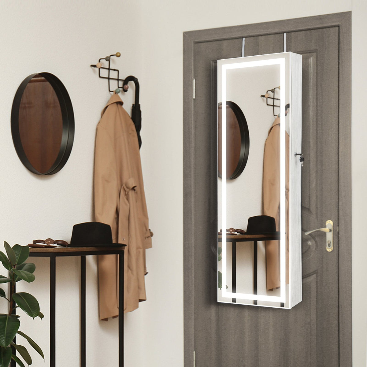 Mirrored Jewelry Armoire with Full Length Mirror and 2 Internal LED Lights-White view 2