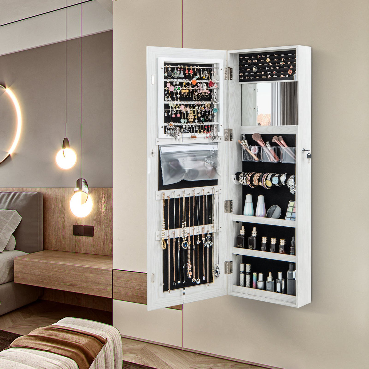 Mirrored Jewelry Armoire with Full Length Mirror and 2 Internal LED Lights-White view 3