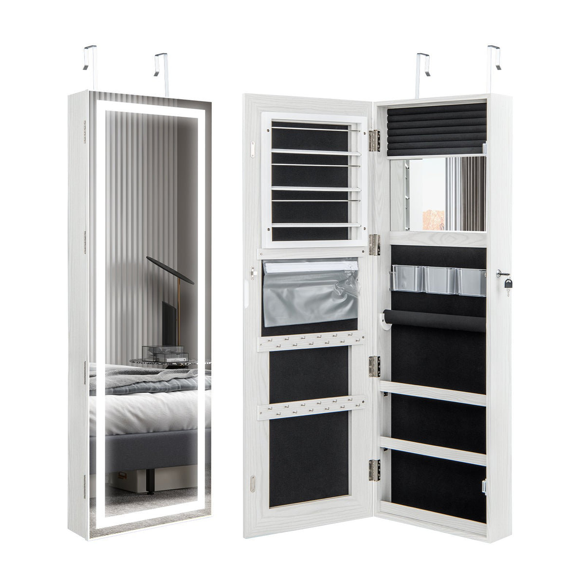 Mirrored Jewelry Armoire with Full Length Mirror and 2 Internal LED Lights-White view 4