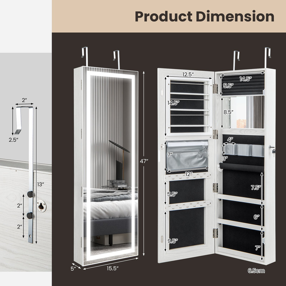 Mirrored Jewelry Armoire with Full Length Mirror and 2 Internal LED Lights-White view 5