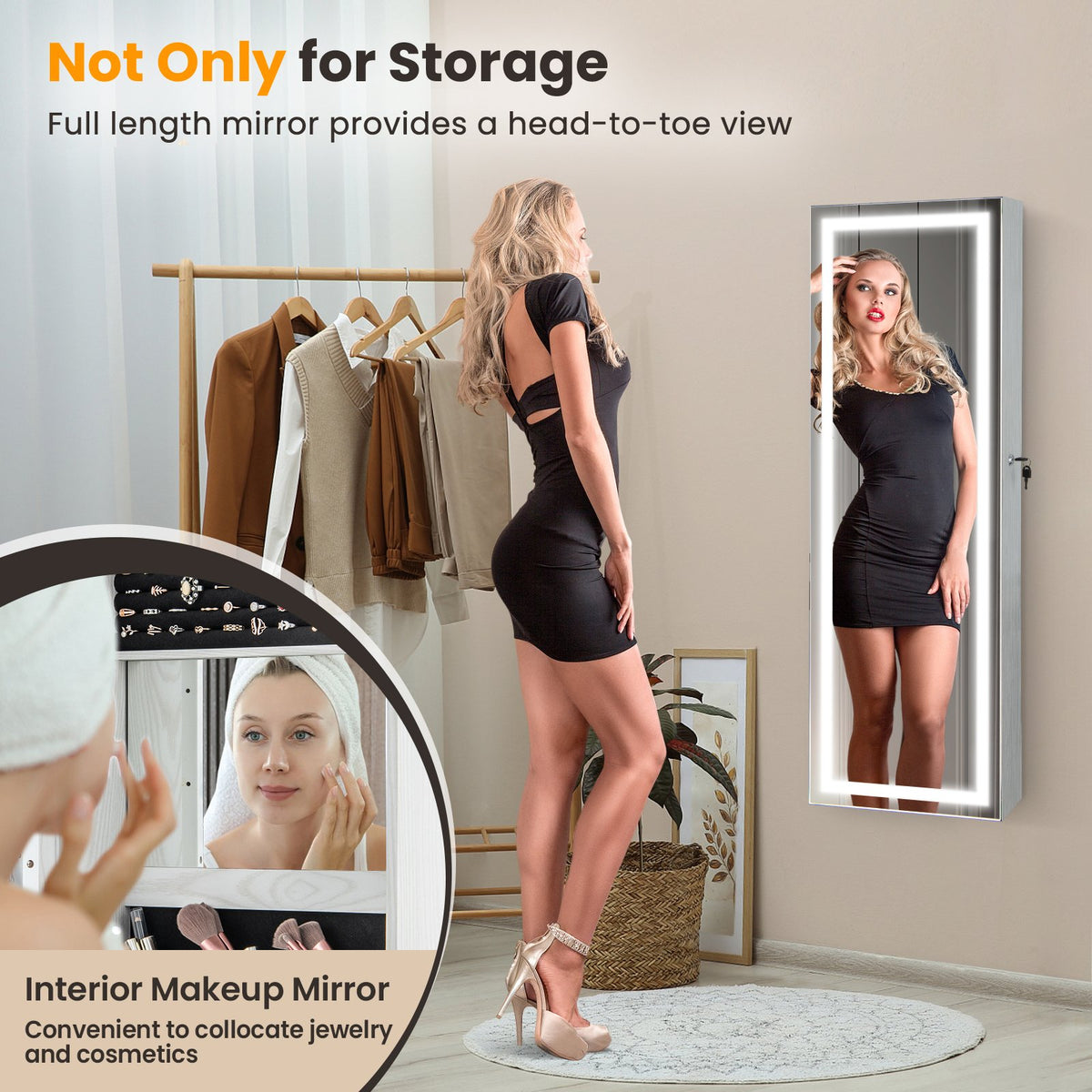 Mirrored Jewelry Armoire with Full Length Mirror and 2 Internal LED Lights-White view 6