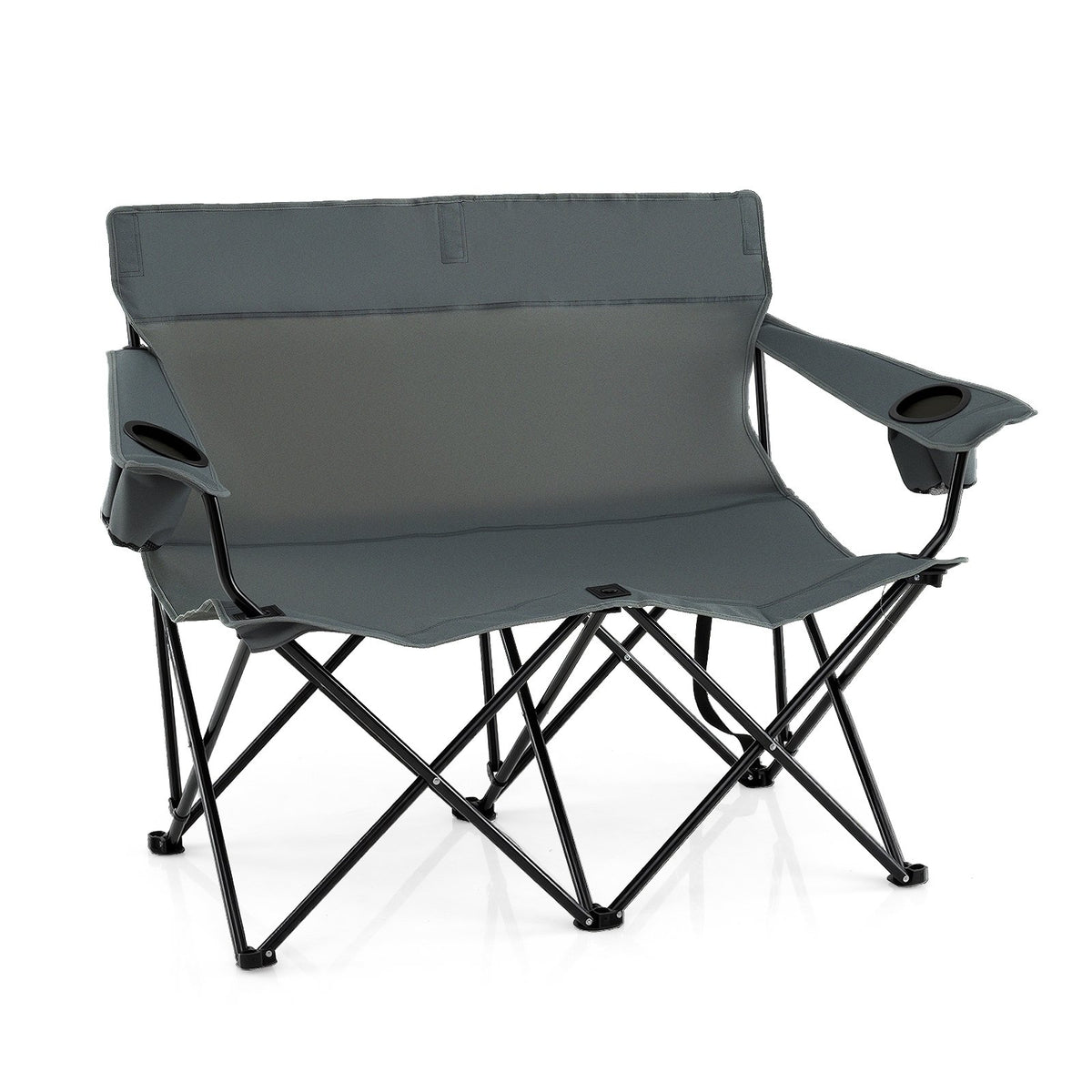 Double Camping Chair 2-Person Outdoor Folding Loveseat with Cup Holders-Gray