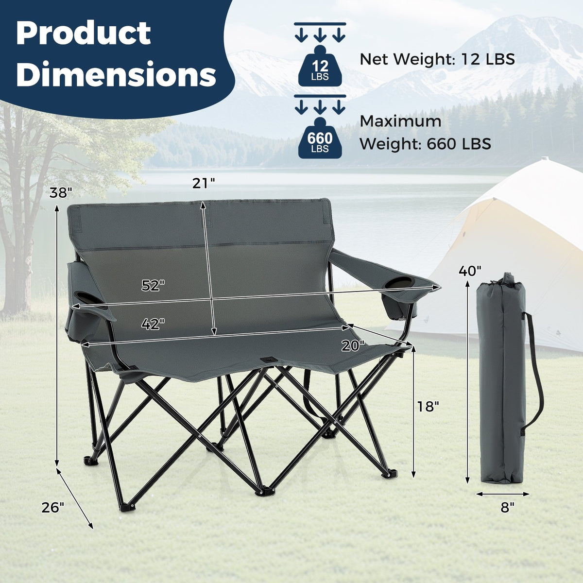 Double Camping Chair 2-Person Outdoor Folding Loveseat with Cup Holders-Gray view 5