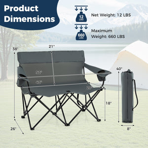 Double Camping Chair 2-Person Outdoor Folding Loveseat with Cup Holders-Gray view 5