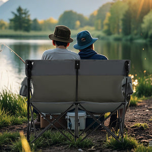Double Camping Chair 2-Person Outdoor Folding Loveseat with Cup Holders-Gray view 6