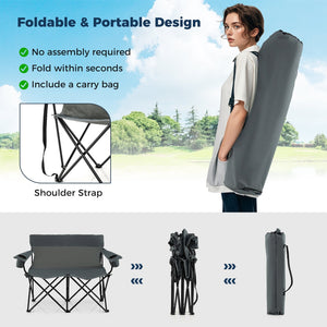 Double Camping Chair 2-Person Outdoor Folding Loveseat with Cup Holders-Gray view 7