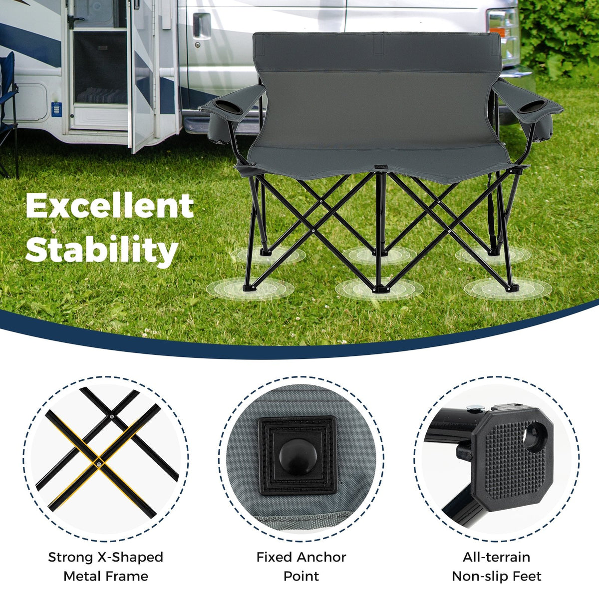 Double Camping Chair 2-Person Outdoor Folding Loveseat with Cup Holders-Gray view 8
