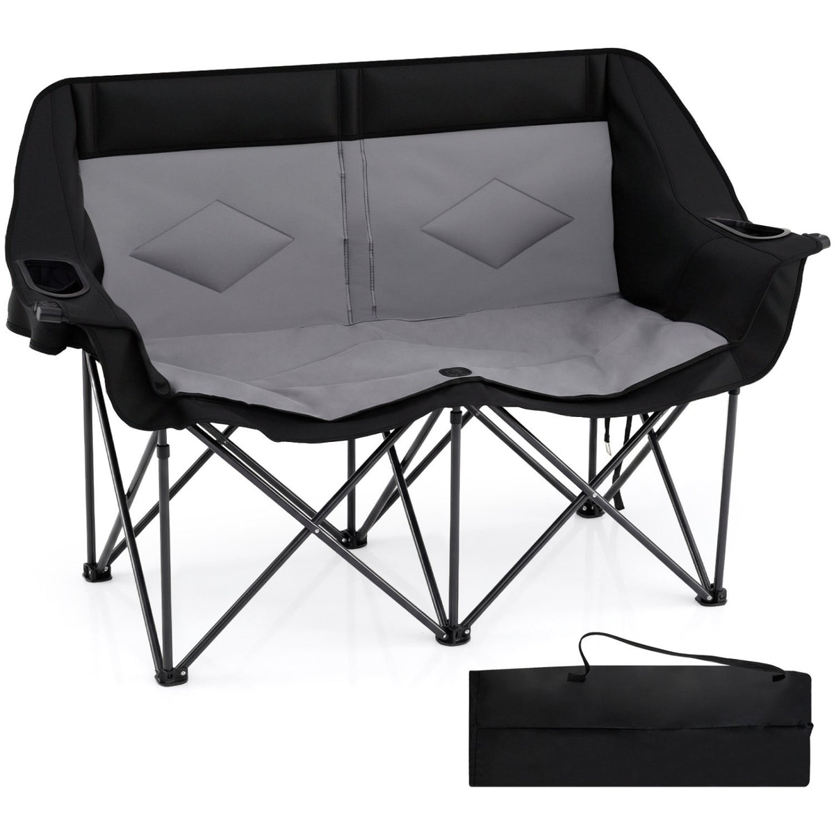 Double Camping Chair with Cup Holders Glass Racks and Mesh Pockets-DarkGray