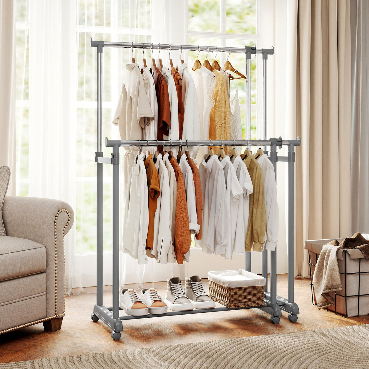 Double Rod Clothes Rack Heavy-Duty Metal Garment Rack view 2
