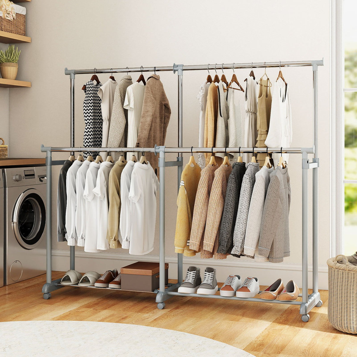 Double Rod Clothes Rack Heavy-Duty Metal Garment Rack view 3