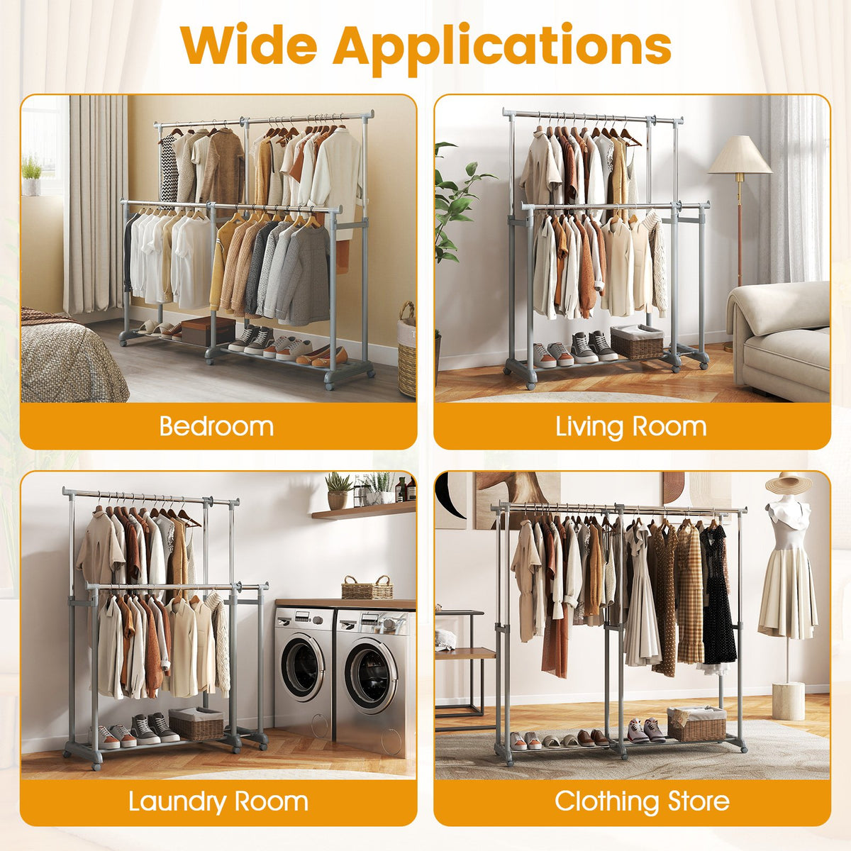 Double Rod Clothes Rack Heavy-Duty Metal Garment Rack view 6
