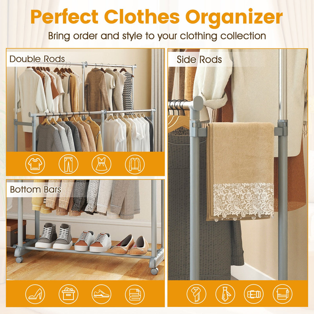 Double Rod Clothes Rack Heavy-Duty Metal Garment Rack view 7