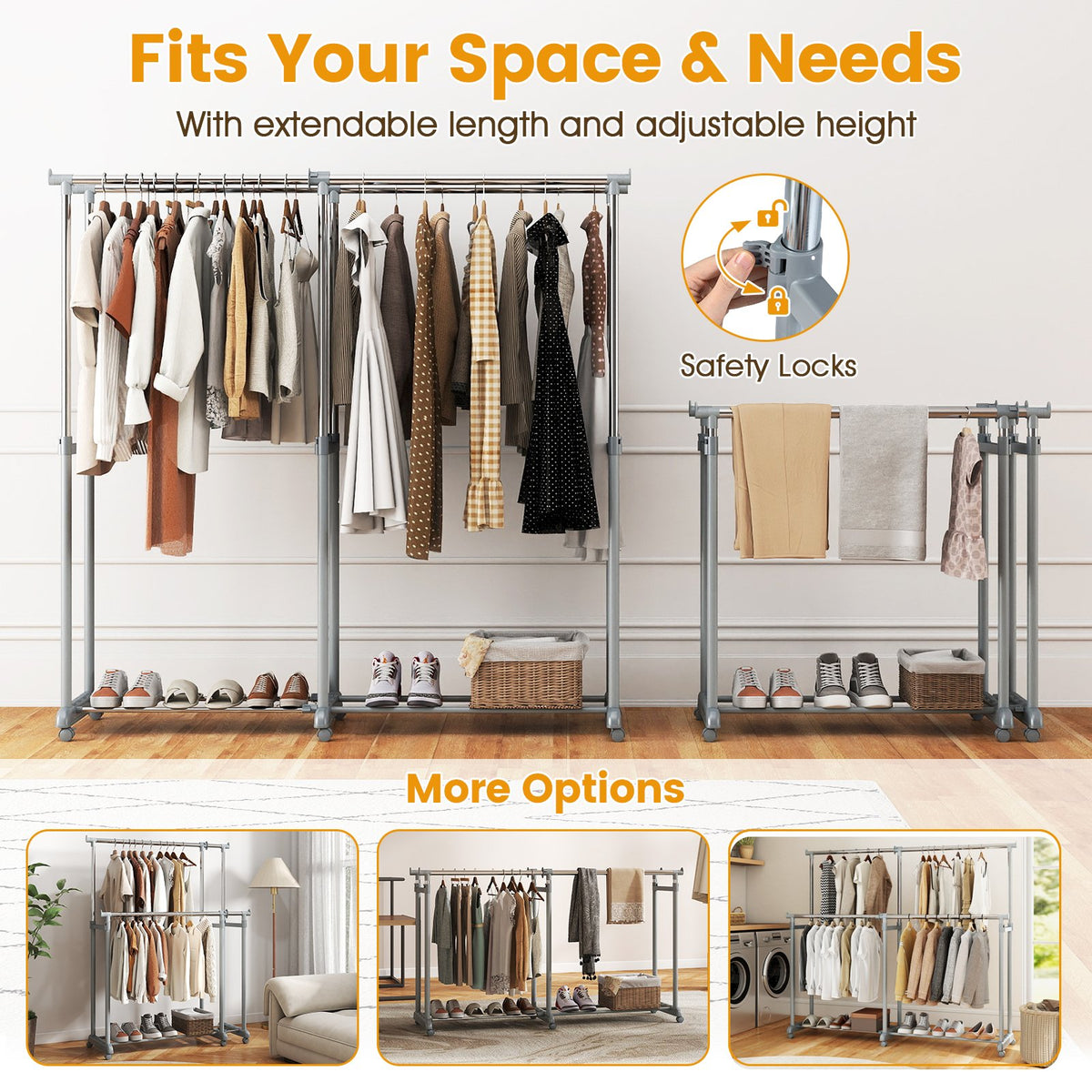 Double Rod Clothes Rack Heavy-Duty Metal Garment Rack view 8