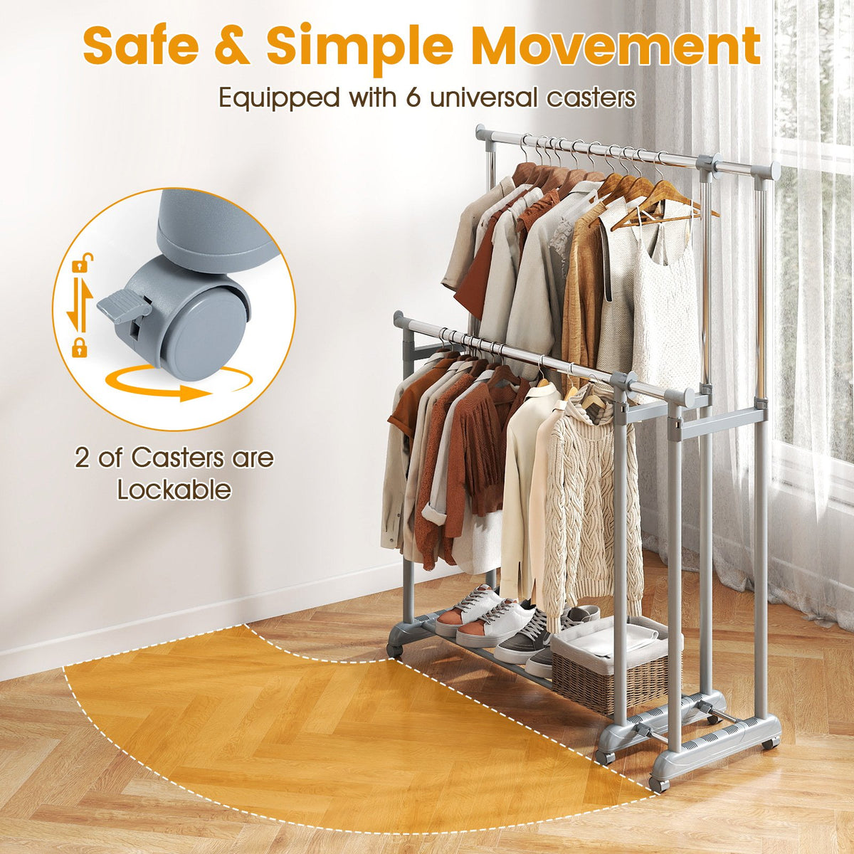 Double Rod Clothes Rack Heavy-Duty Metal Garment Rack view 9
