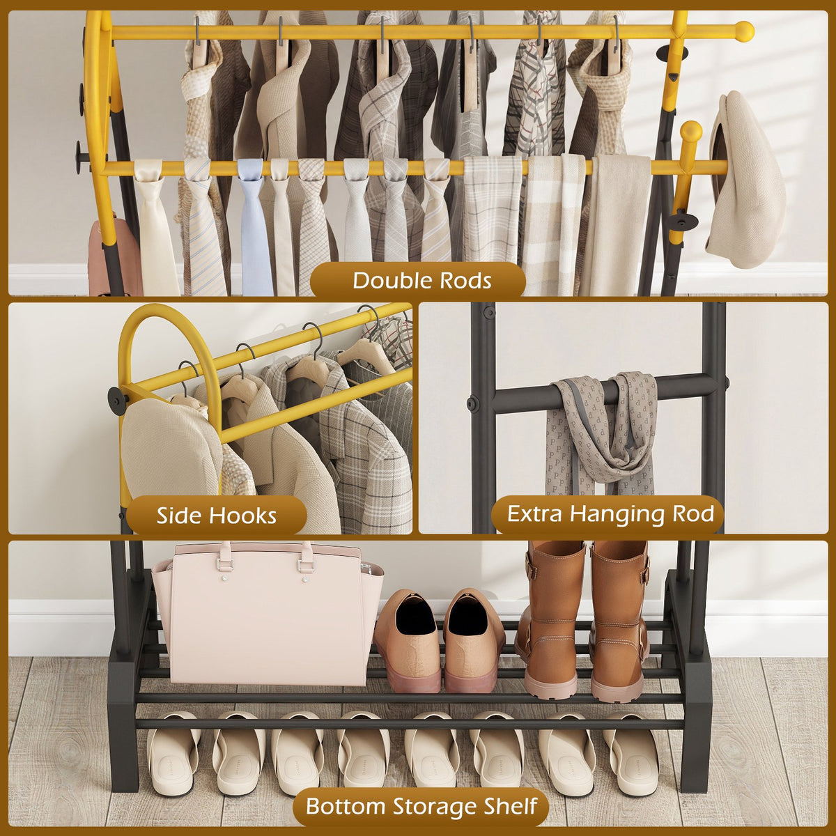 Double Rods Garment Rack for Hanging Clothes-Gold view 7