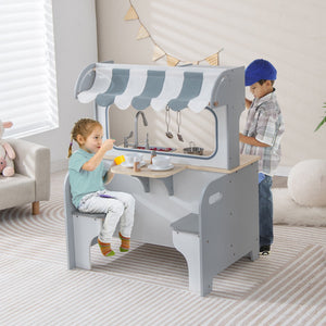 Double Sided Kids Pretend Kitchen Playset with 2-Seat Cafe-Gray view 3