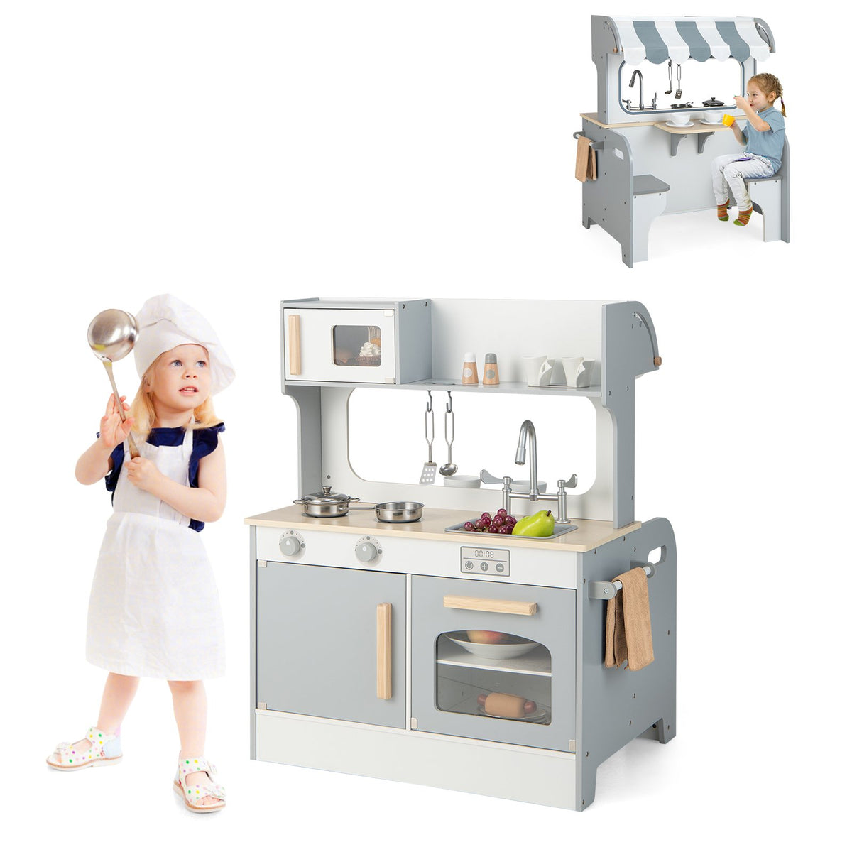 Double Sided Kids Pretend Kitchen Playset with 2-Seat Cafe-Gray view 4